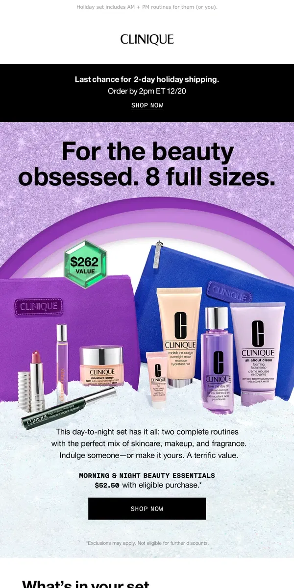 Email from Clinique. BIG beauty gift. 2 routines in 1 set. Worth $262.