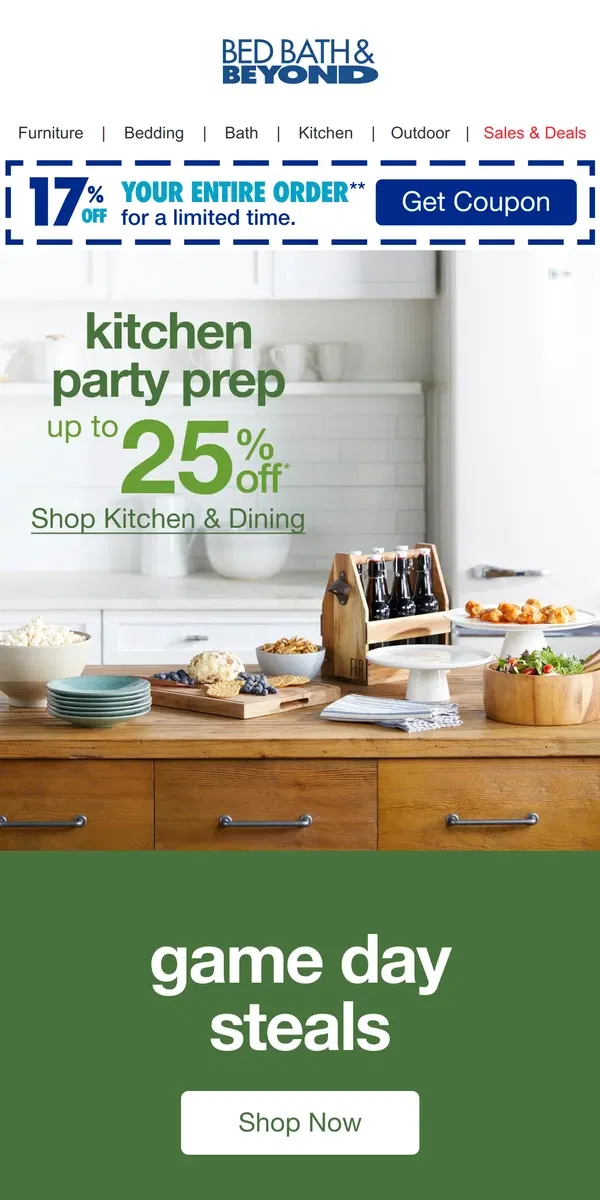 Email from Bed Bath & Beyond. Score up to 25% Off Kitchen Essentials for Game Day 🏈