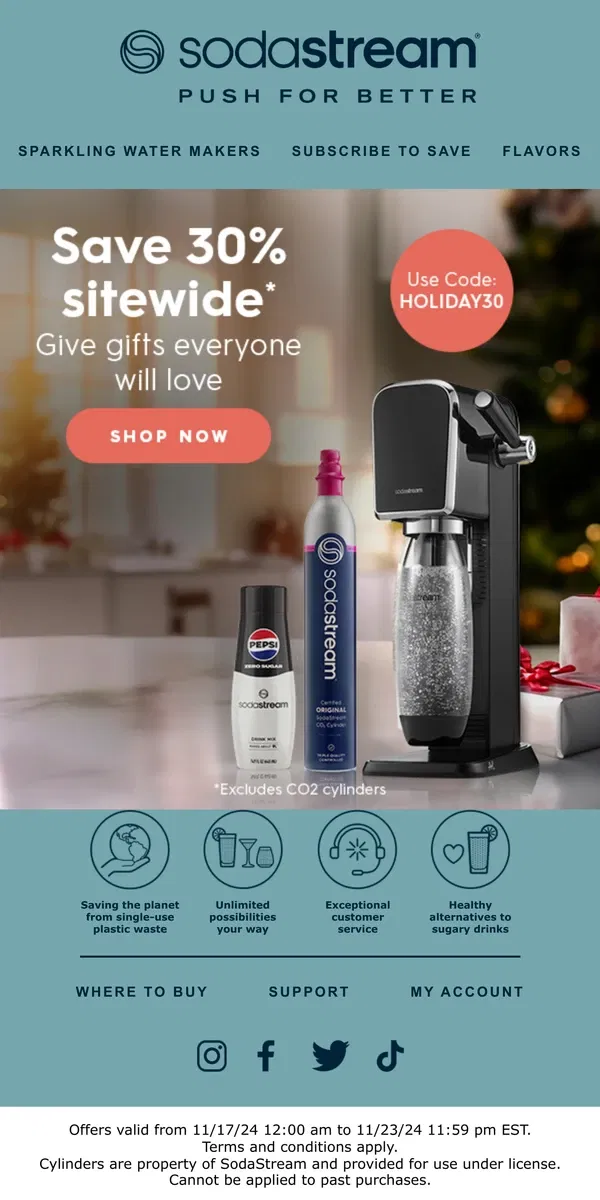 Email from SodaStream. Early Holiday Savings - 30% off sitewide!
