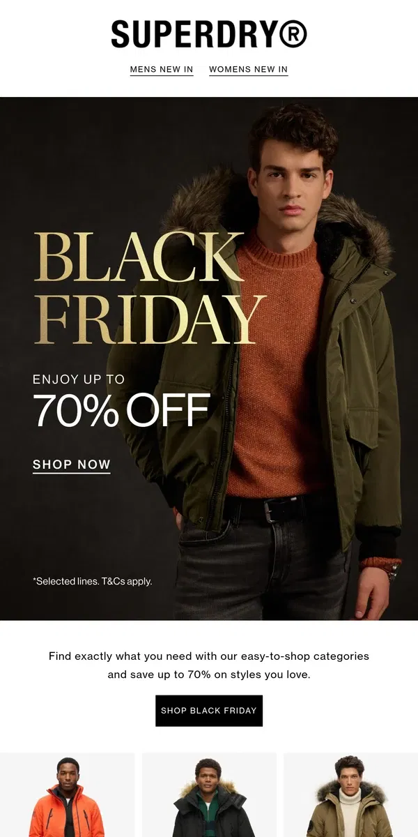 Email from Superdry. Now Live! Black Friday Up to 70% Off! ​