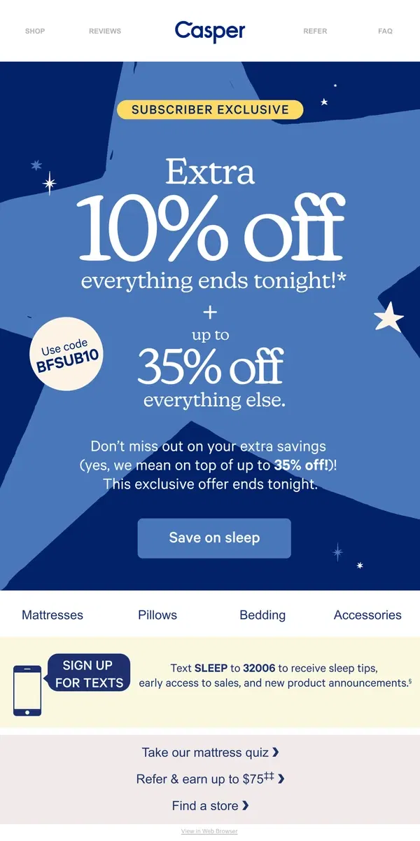 Email from Casper. 10% off ends tonight—Feel the magic!