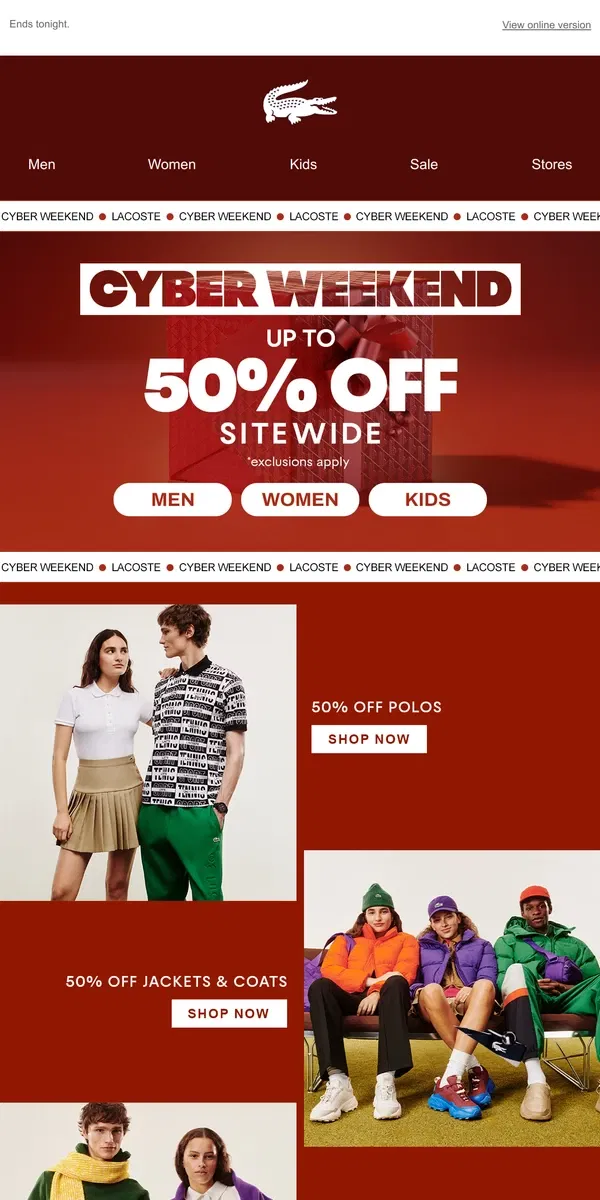 Email from Lacoste. Cyber Monday | 50% off Lacoste Bestsellers