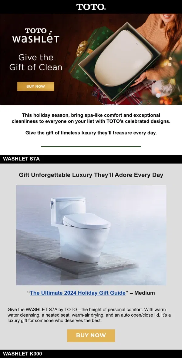 Email from TOTO Toilets. TOTO Holiday Must-Haves: Give the Gift of Cleanliness, Comfort & Luxury