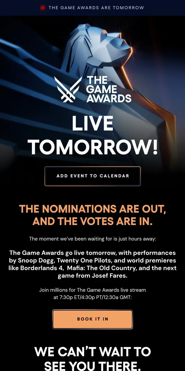 Email from The Game Awards. Watch The Game Awards LIVE Tomorrow!