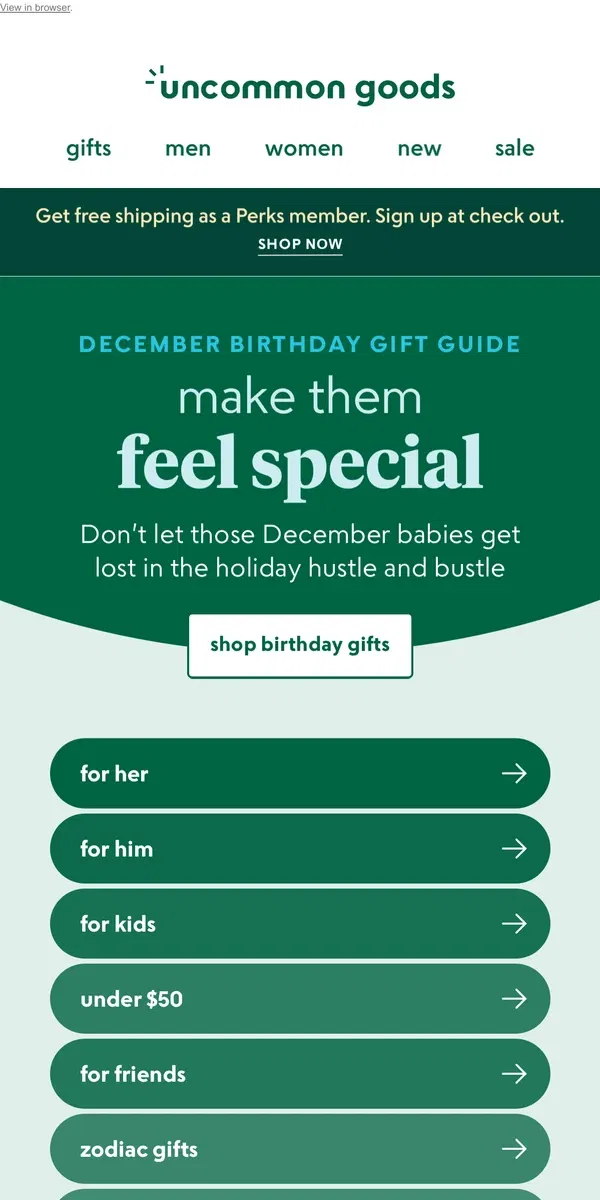 Email from Uncommon Goods. December birthday gift guide