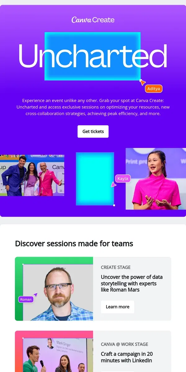 Email from Canva. 100+ speakers. All at Canva Create: Uncharted