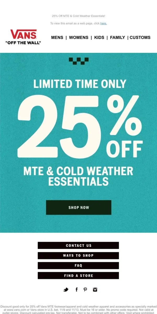 Email from Vans. 25% Off Starts Today.