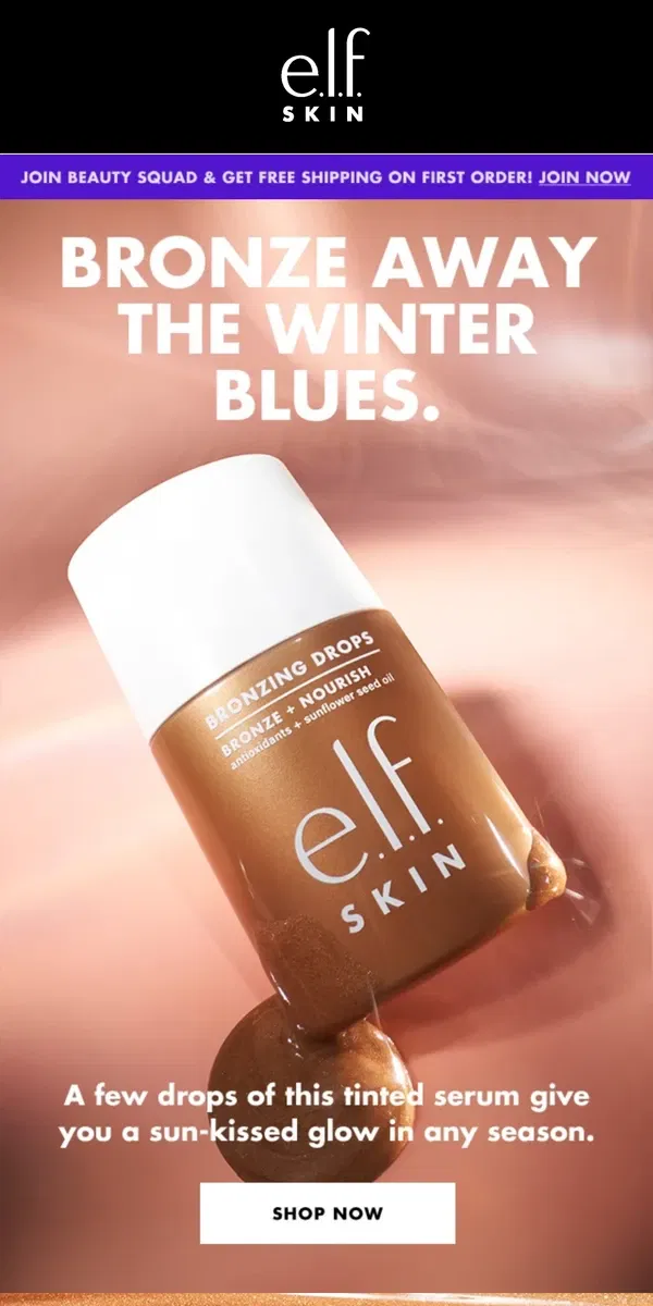 Email from e.l.f.. Get bronzed, lose the winter blues ☀️				 