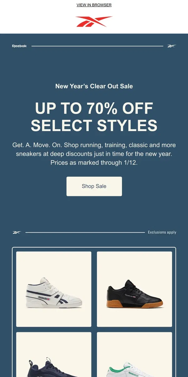 Email from Reebok. The New Year’s Clear Out Sale is here