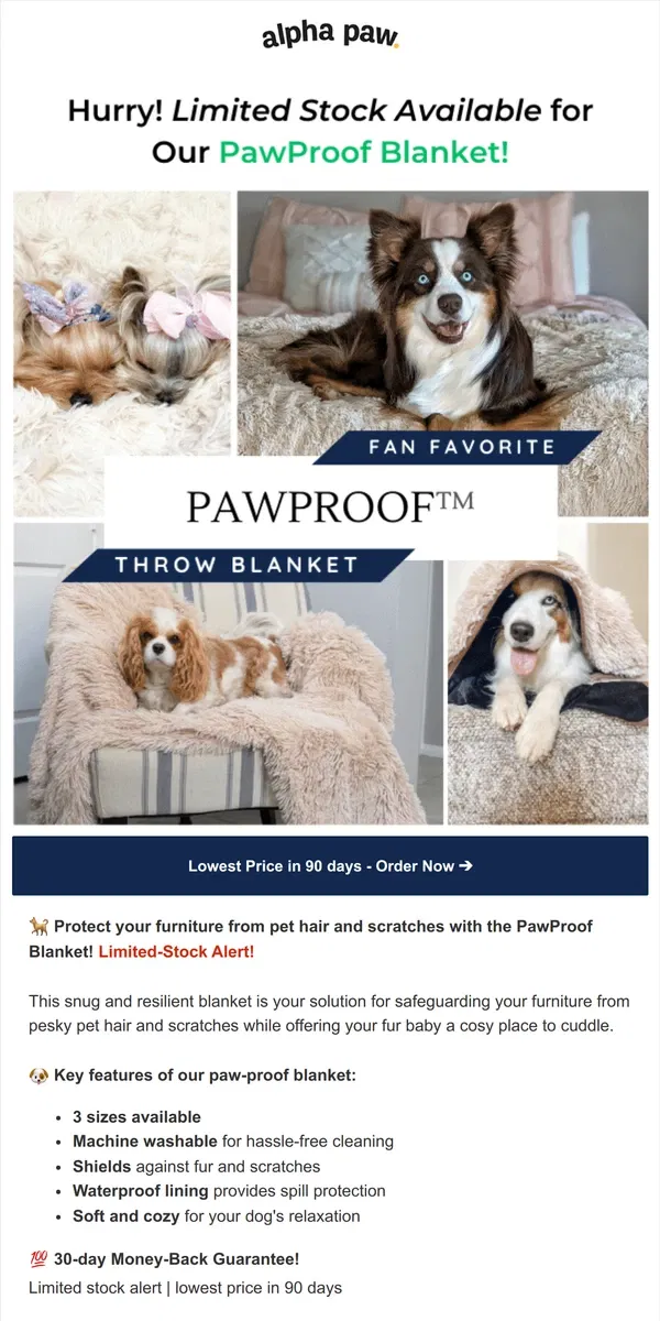 Email from Alpha Paw. 🐕 Ready, Set, Snuggle: The PawProof™ Throw Blanket is Here!