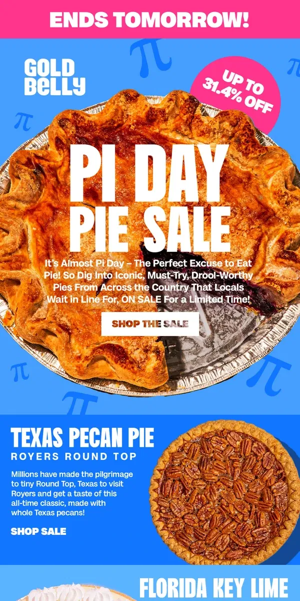 Email from Goldbelly. 🥧 Pi Day Pie Sale ENDS TOMORROW - 31.4% OFF! 🥧