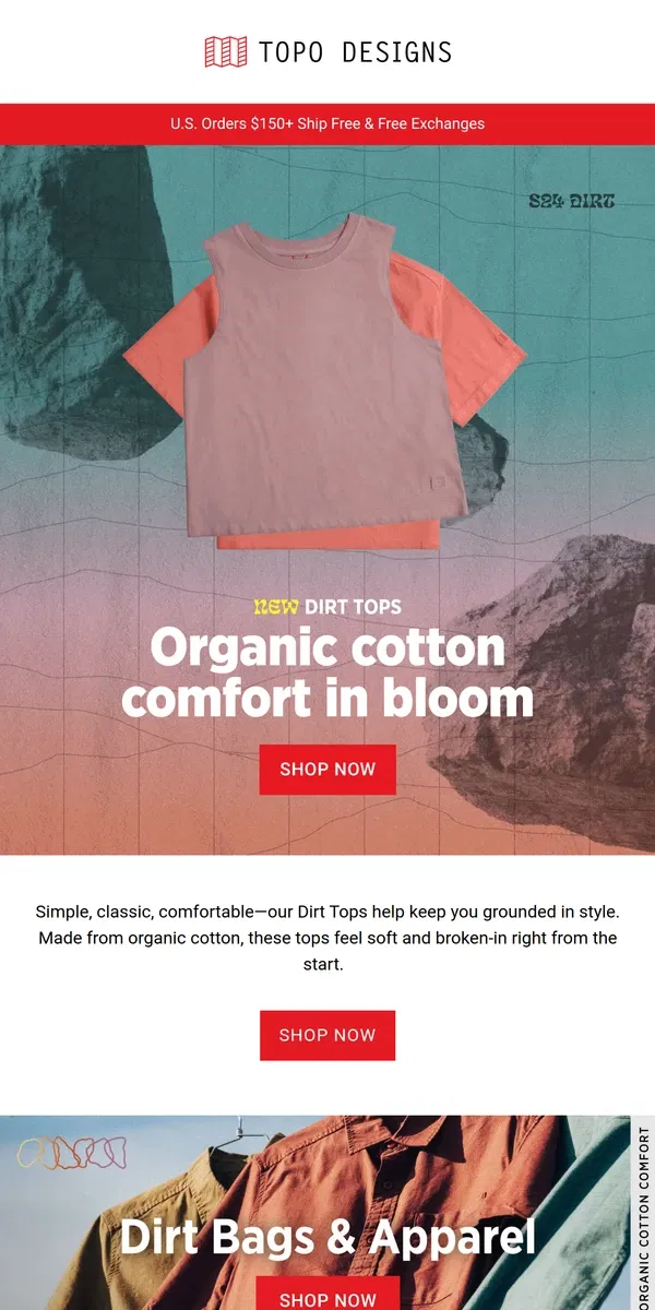 Email from Topo Designs. Dirt Tops for Spring 👕