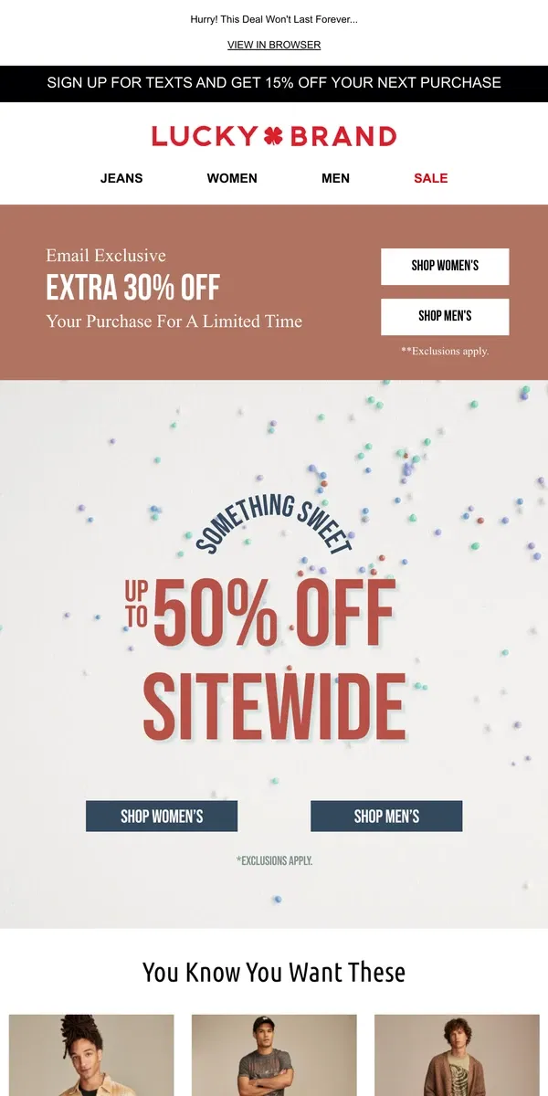 Email from Lucky Brand. Limited Time! Extra 30% Off, On Top Of Up To 50% Off