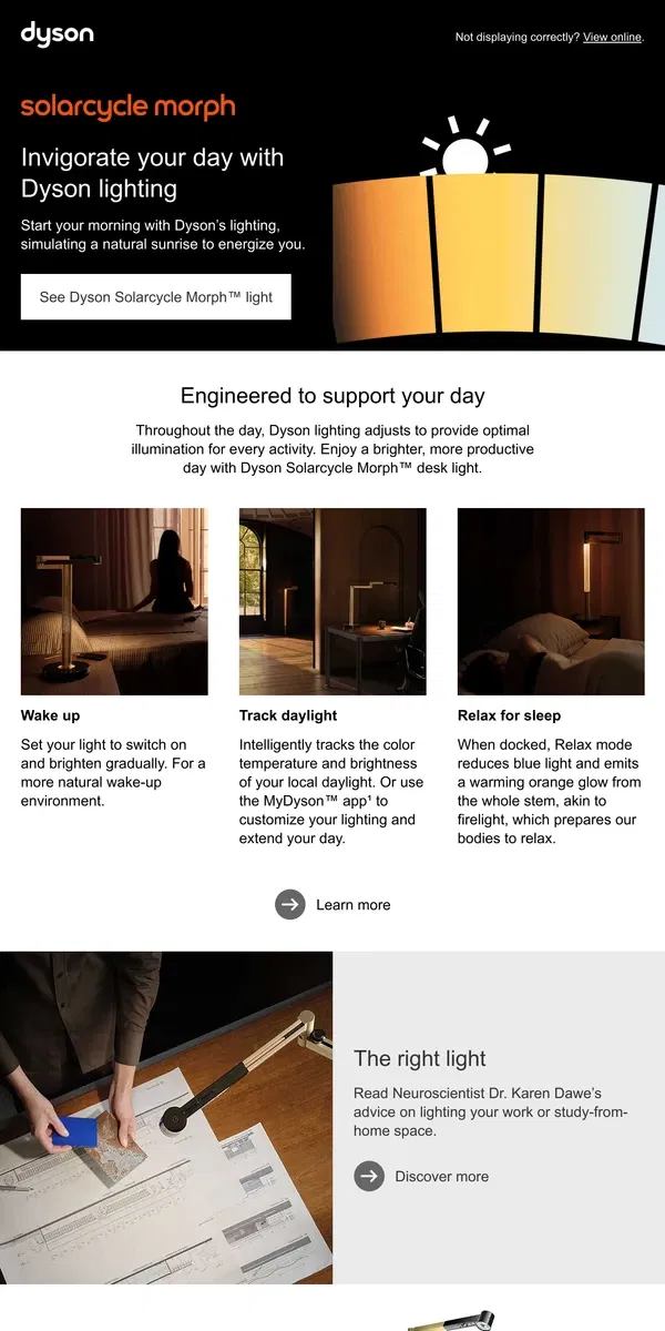 Email from Dyson. Support your day with the versatile Dyson Solarcycle Morph™ light