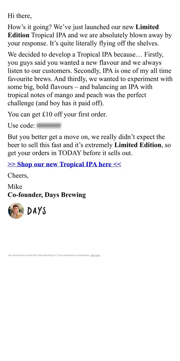 Email from Days Brewing Co. Fwd: We didn’t expect it to sell this fast…