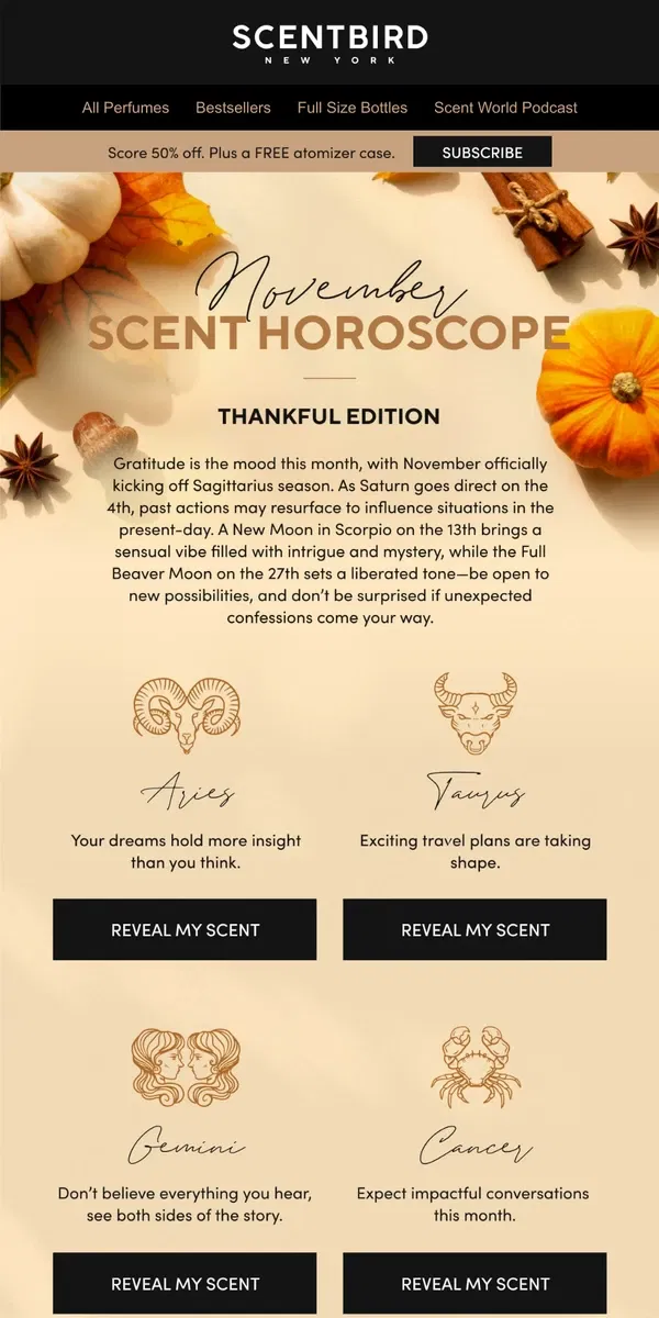 Email from Scentbird. November scent horoscope 🦃 ✨