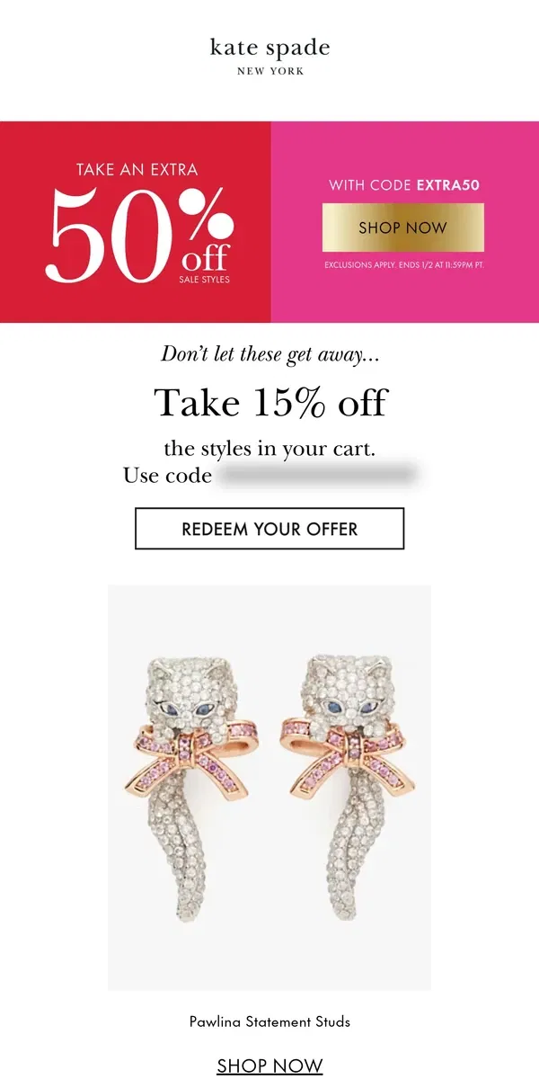 Email from Kate Spade. Final call! Shop your cart with 15% off