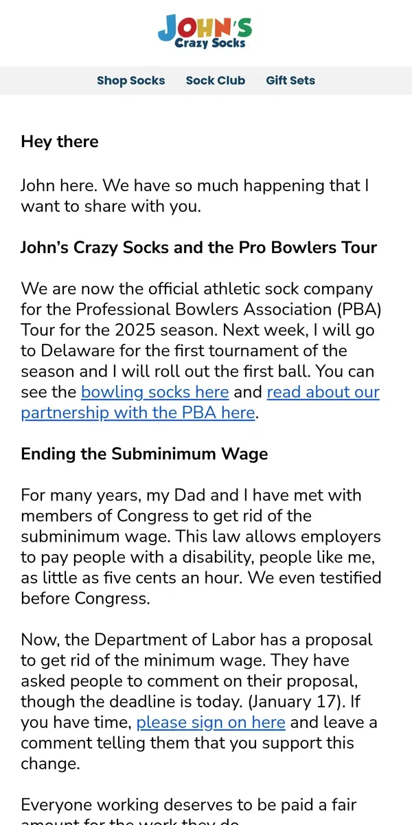 Email from John's Crazy Socks. Look at All John is Doing🎳💘