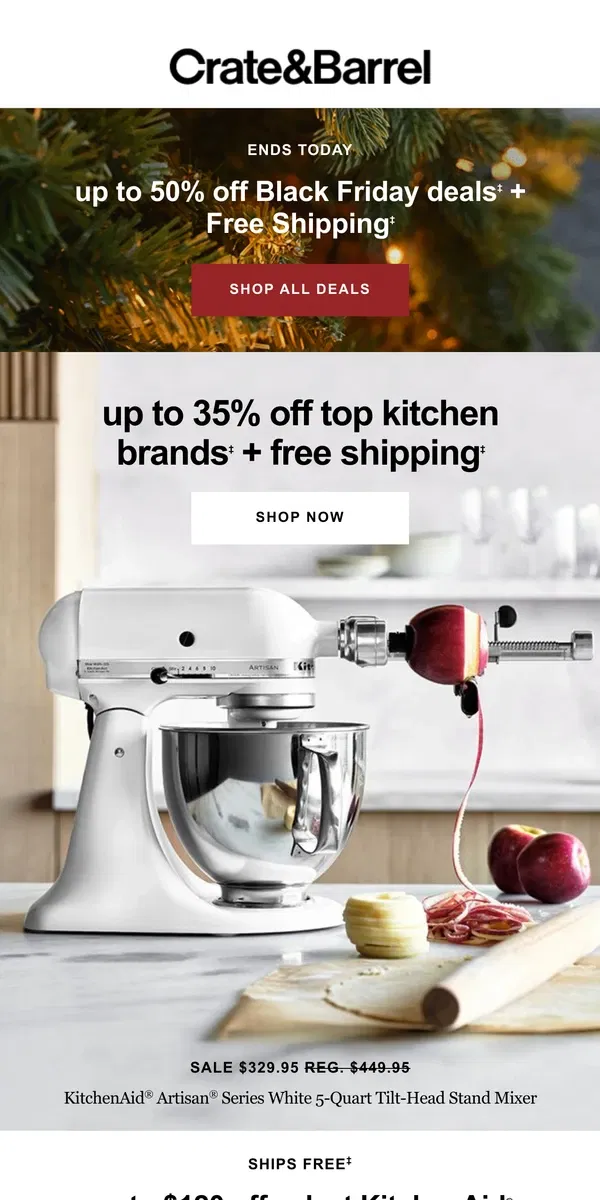 Email from Crate & Barrel. ENDS TODAY! Up to 50% off Black Friday deals →