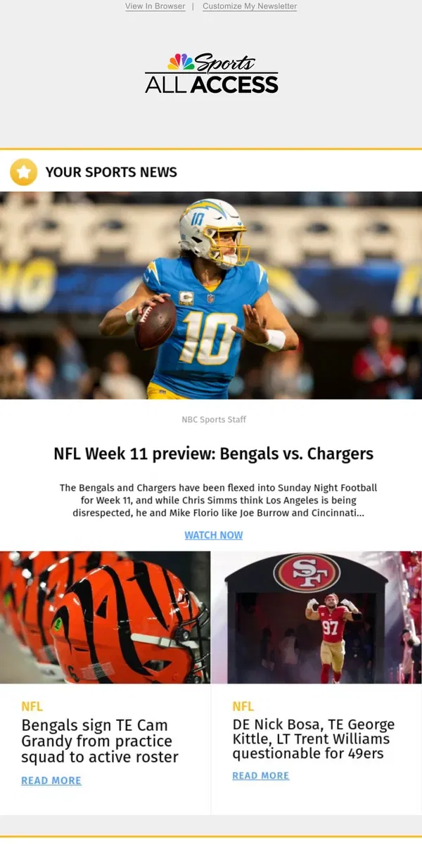 Email from NBC Sports. NFL Week 11 preview: Bengals vs. Chargers