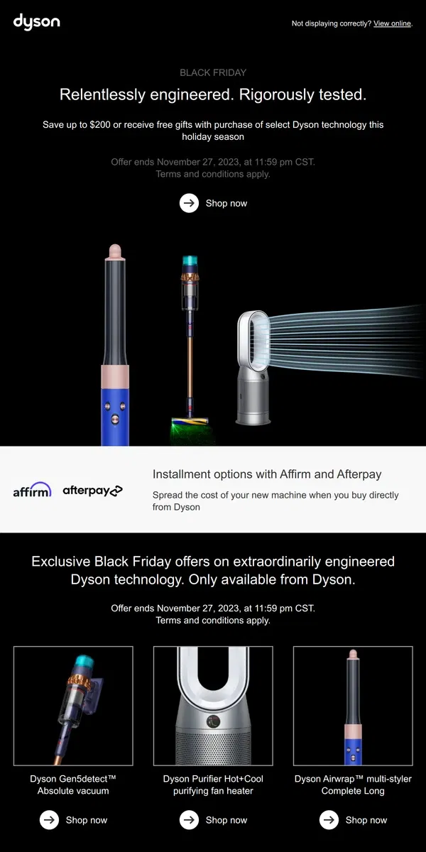 Email from Dyson. Limited time only: Holiday savings up to $200 on select Dyson machines