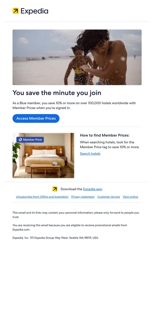 Email from Expedia. You save 10% on hotels as a Blue member