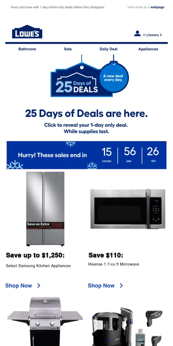 Email from Lowe's. DEALS: Ending tonight at midnight.