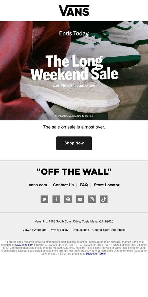 Email from Vans. Final Hours: Our Long Weekend Sale is Almost Over