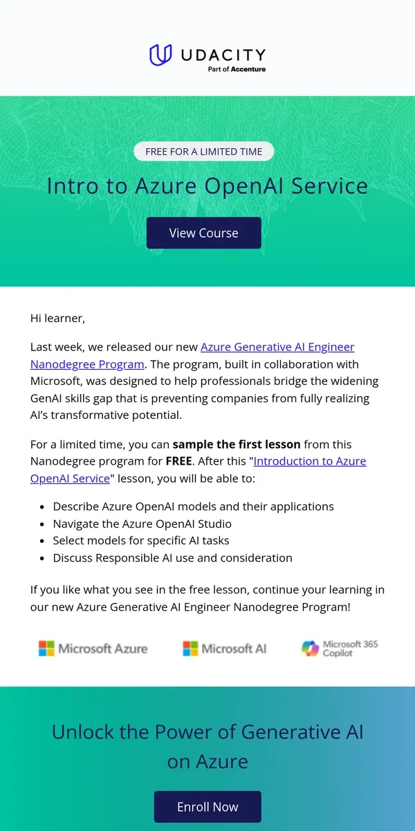 Email from Udacity. ⏳ Free for a limited time: Learn Azure OpenAI Service