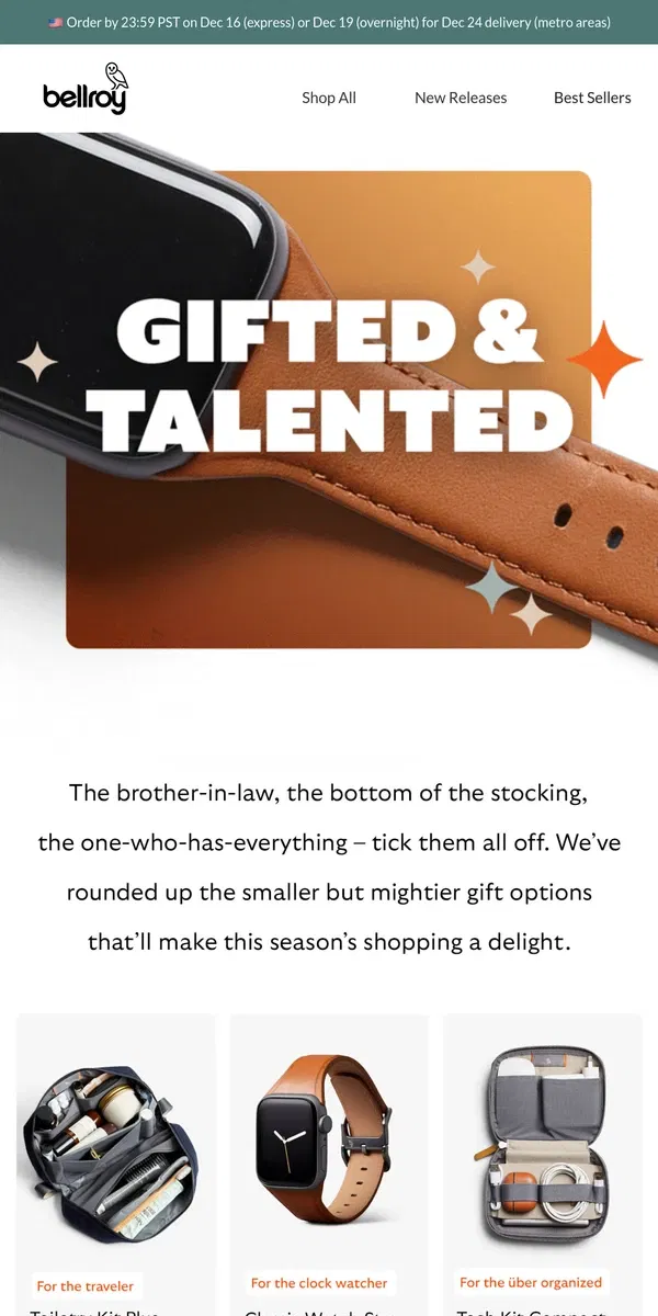 Email from Bellroy. Gift list, sorted