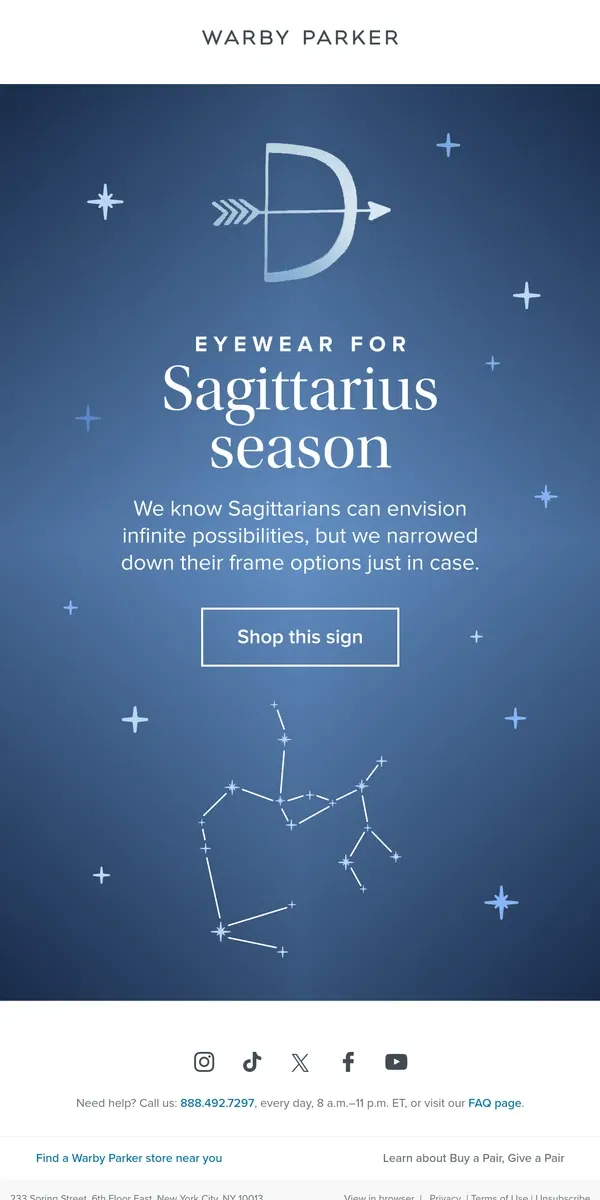 Email from Warby Parker. Sagittarius season is here!