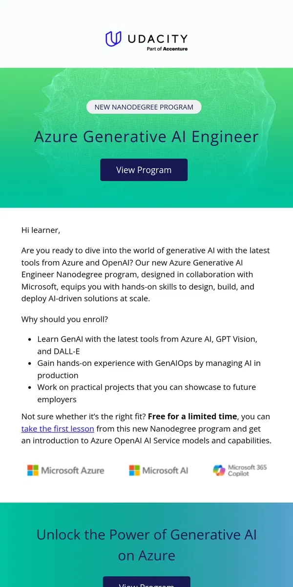 Email from Udacity. New Azure GenAI Nanodegree program!