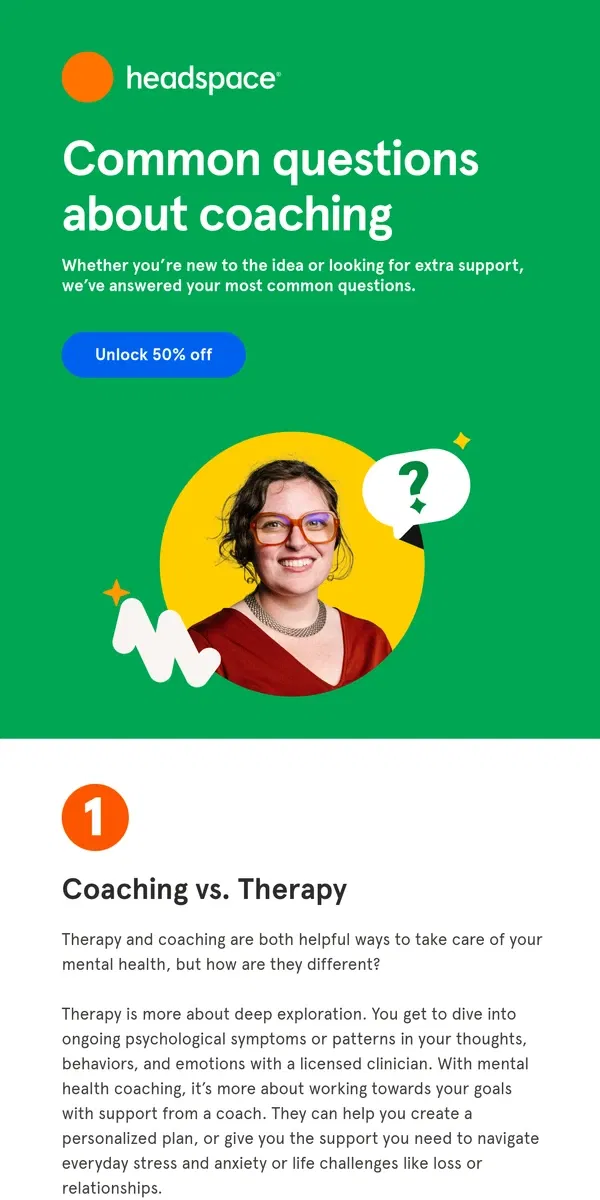 Email from Headspace. Have questions about coaching?  💭