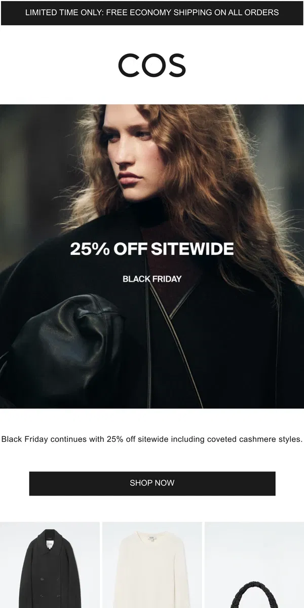 Email from COS. Black Friday: 25% off sitewide continues