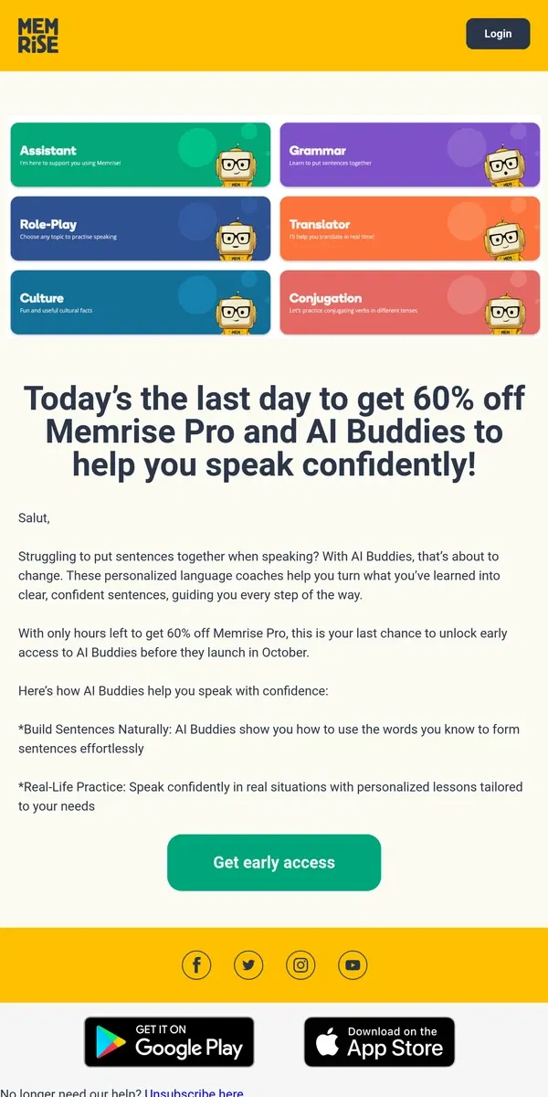 Email from Memrise. ⏰ Last chance! Unlock AI Buddies and never feel embarrassed speaking again!