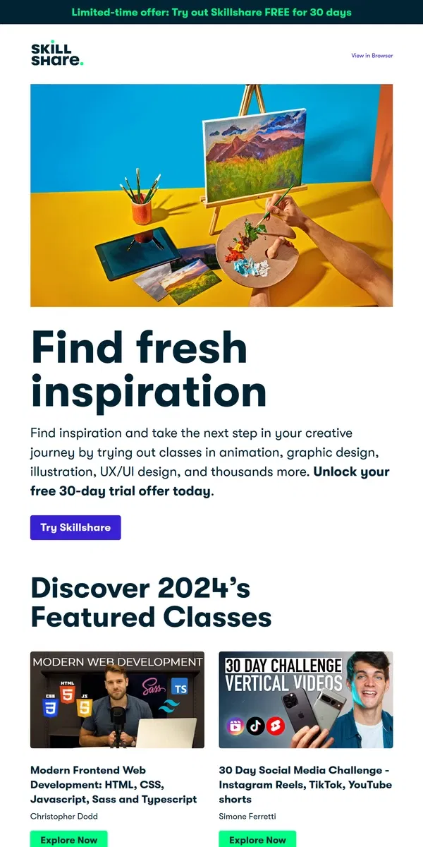 Email from Skillshare. Looking to learn a new skill?