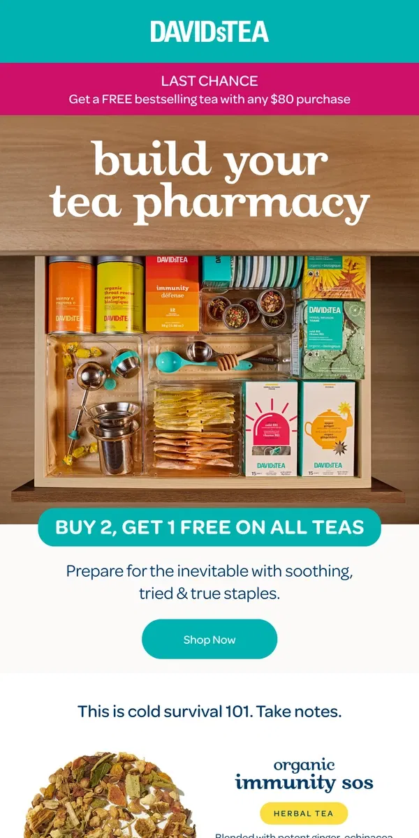 Email from DAVIDsTEA. Goodbye, cold: Buy 2, get 1 free