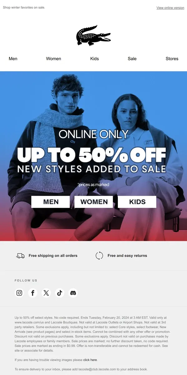 Email from Lacoste. Up to 50% off This Weekend Only