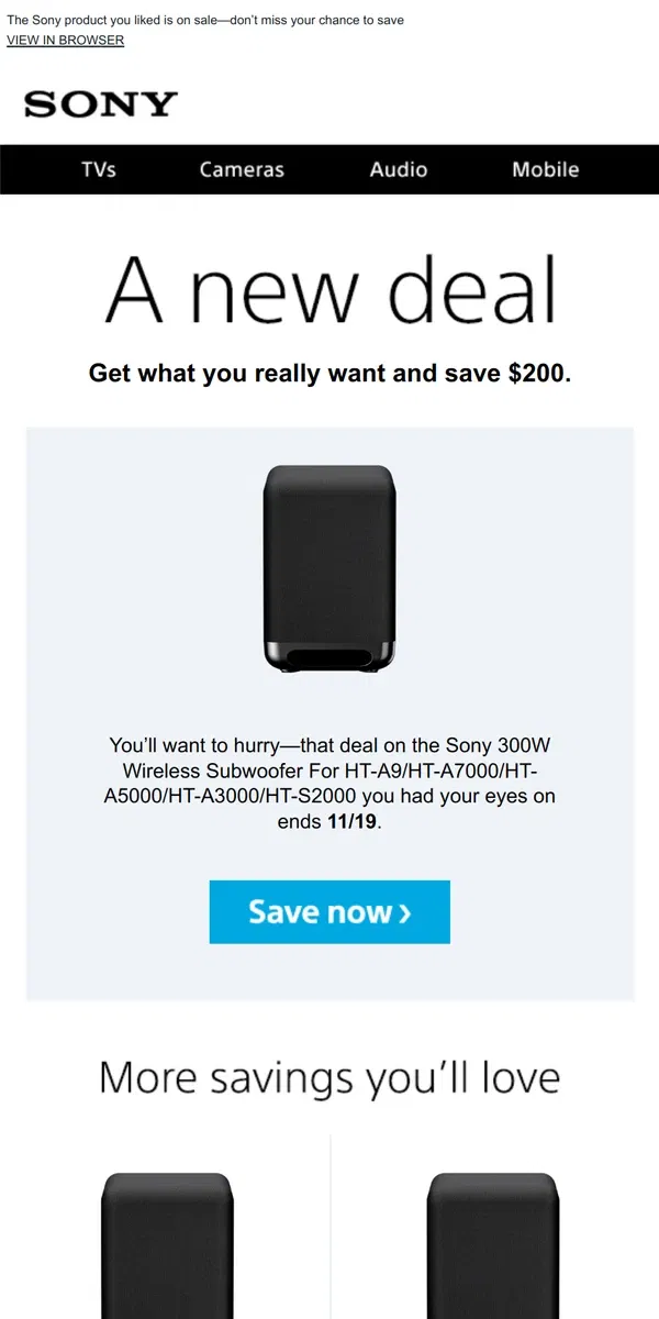 Email from Sony. New Deal Alert: an Item You Liked is Now $200 Off