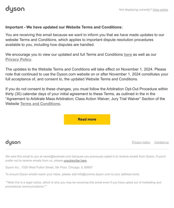 Email from Dyson. Important Update to Dyson.com Terms and Conditions