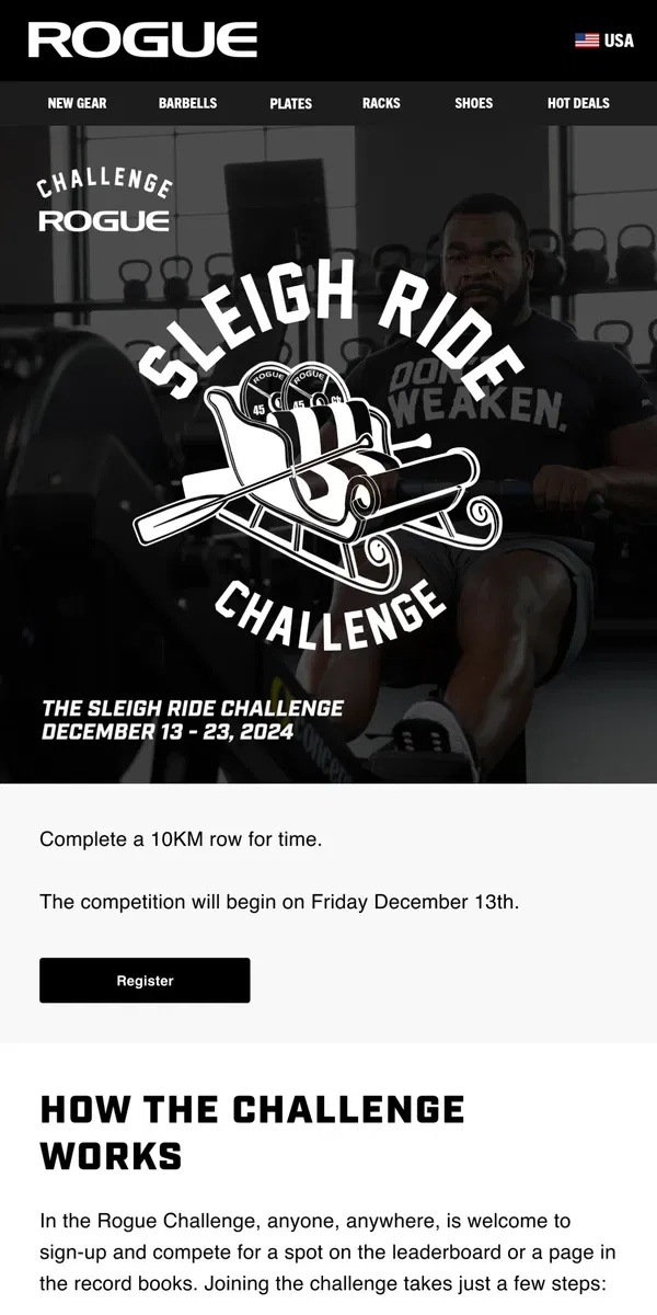 Email from Rogue Fitness. Registration Is Now Open for The Sleigh Ride Challenge!