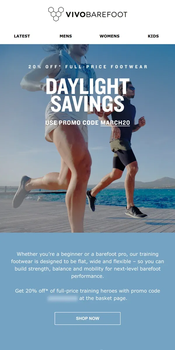 Email from Vivobarefoot. Get 20% off our performance heroes