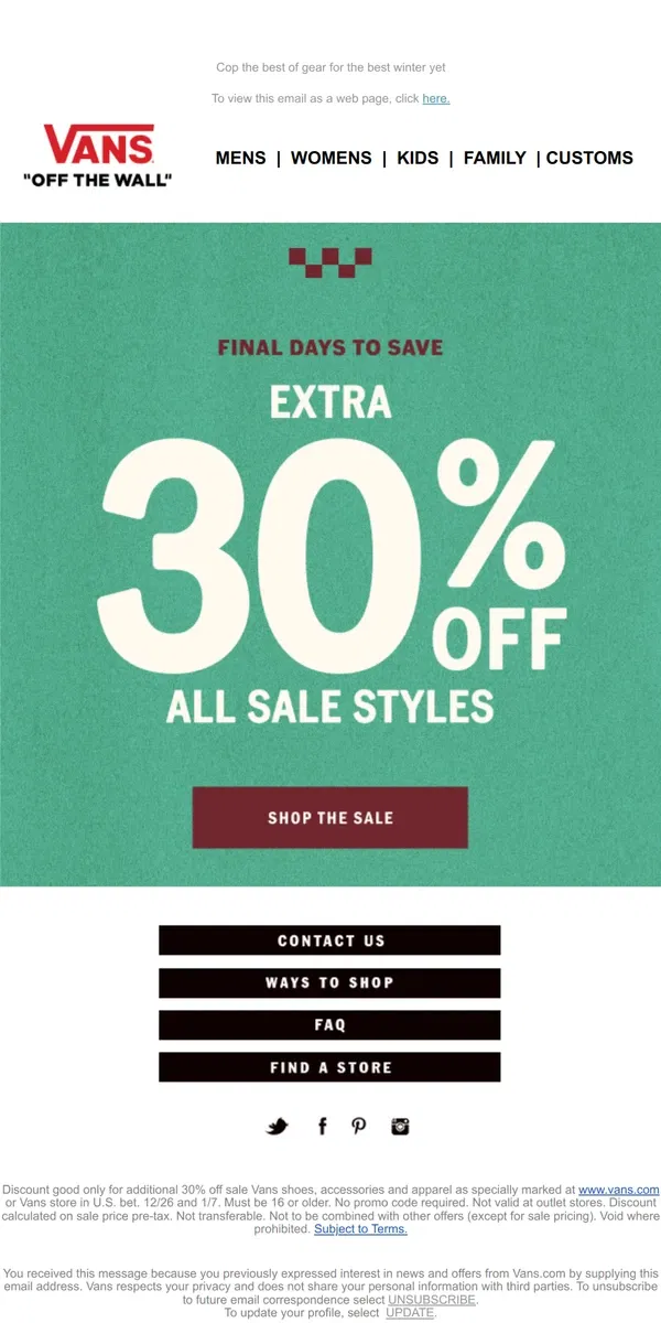 Email from Vans. ❄️ LIMITED TIME: 30% Off Sale!