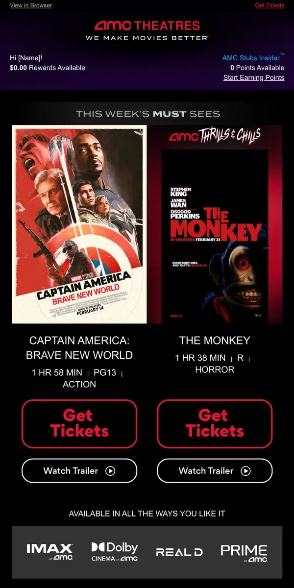 Email from AMC Theatres. [Name], Your Weekly Ticket Is Here