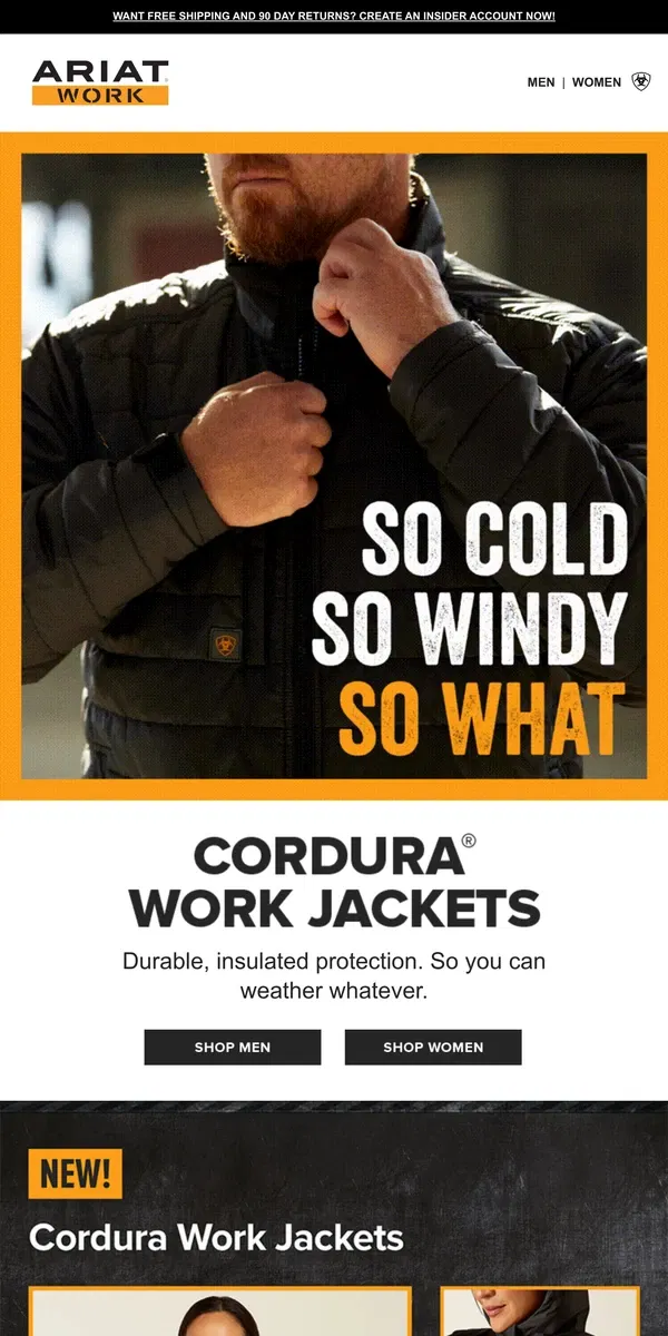 Email from Ariat. Cordura® Work Jackets—Ultra-durable, Insulated Protection