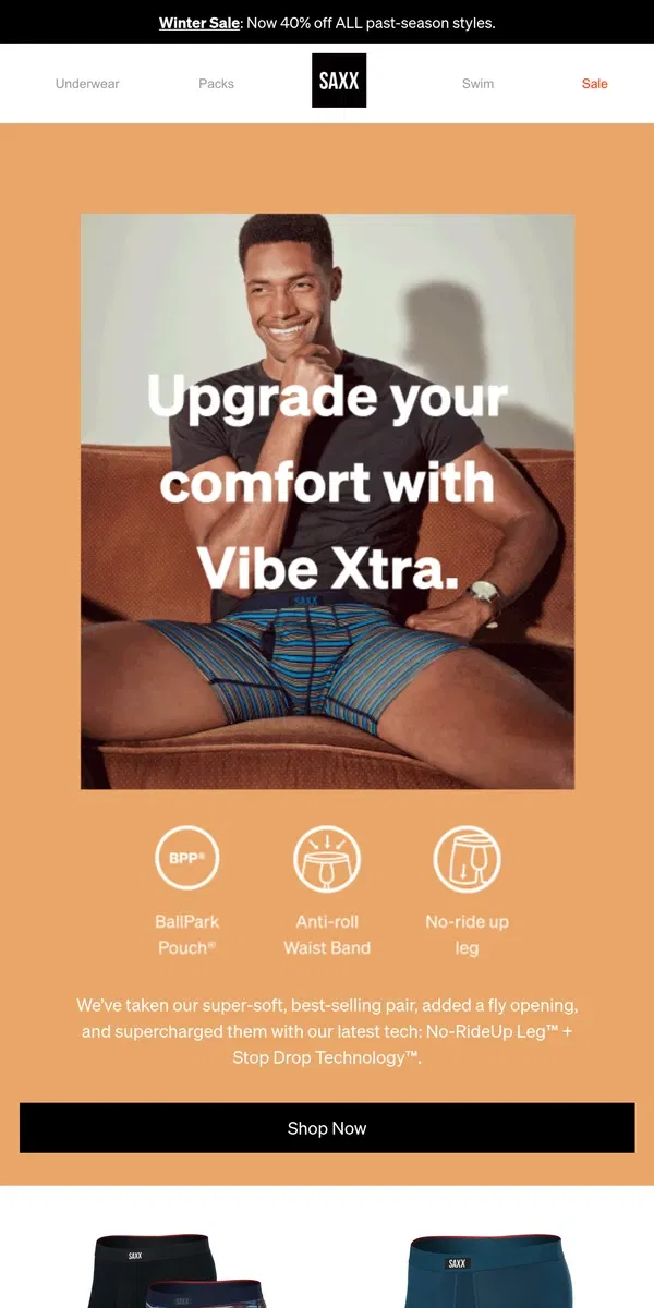 Email from SAXX Underwear. Upgrade your comfort with Vibe Xtra 🙌