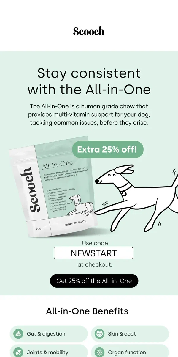 Email from Scooch. All-in-One is still 25% off for your pup 🐕