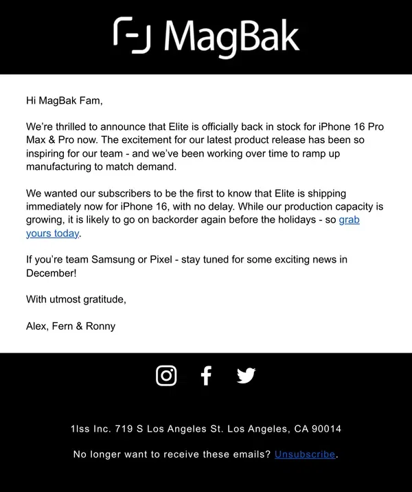 Email from MagBak. The Elite Case is Officially Back in Stock