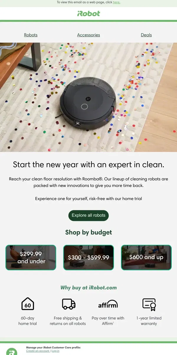 Email from iRobot. 2025 Resolution: Cleaner floors without lifting a finger!