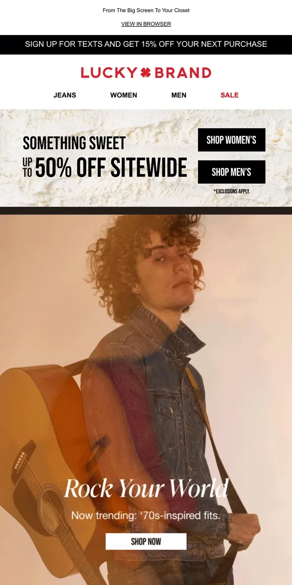 Email from Lucky Brand. Now Trending: '70s-Inspired Fits (Plus Up To 50% Off Inside)